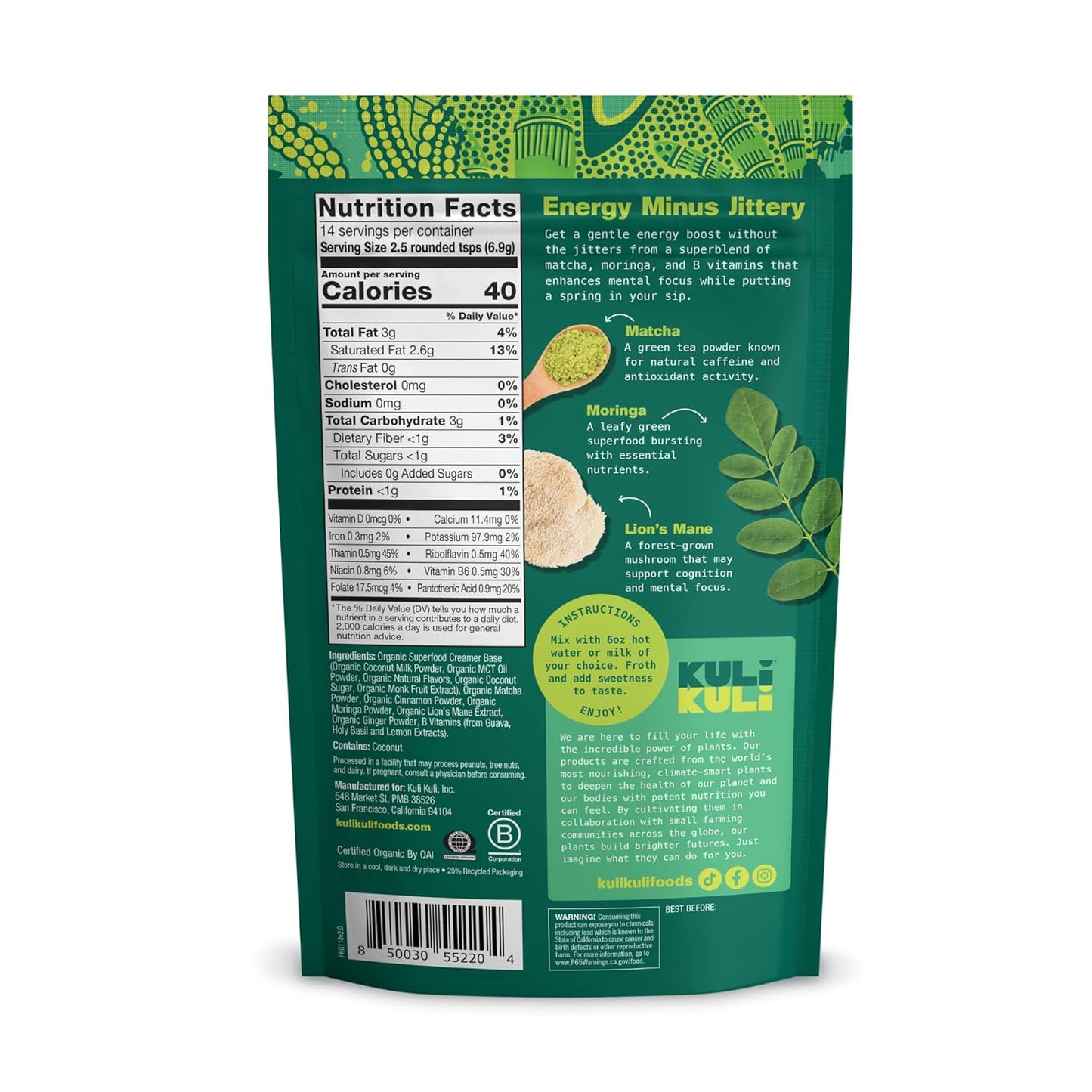 Kuli Kuli Matcha Moringa Organic Superfood Latte - Matcha Green Tea Powder for Natural Caffeine & Antioxidants with Moringa and Lion’s Mane for Cognitive Support and Mental Focus
