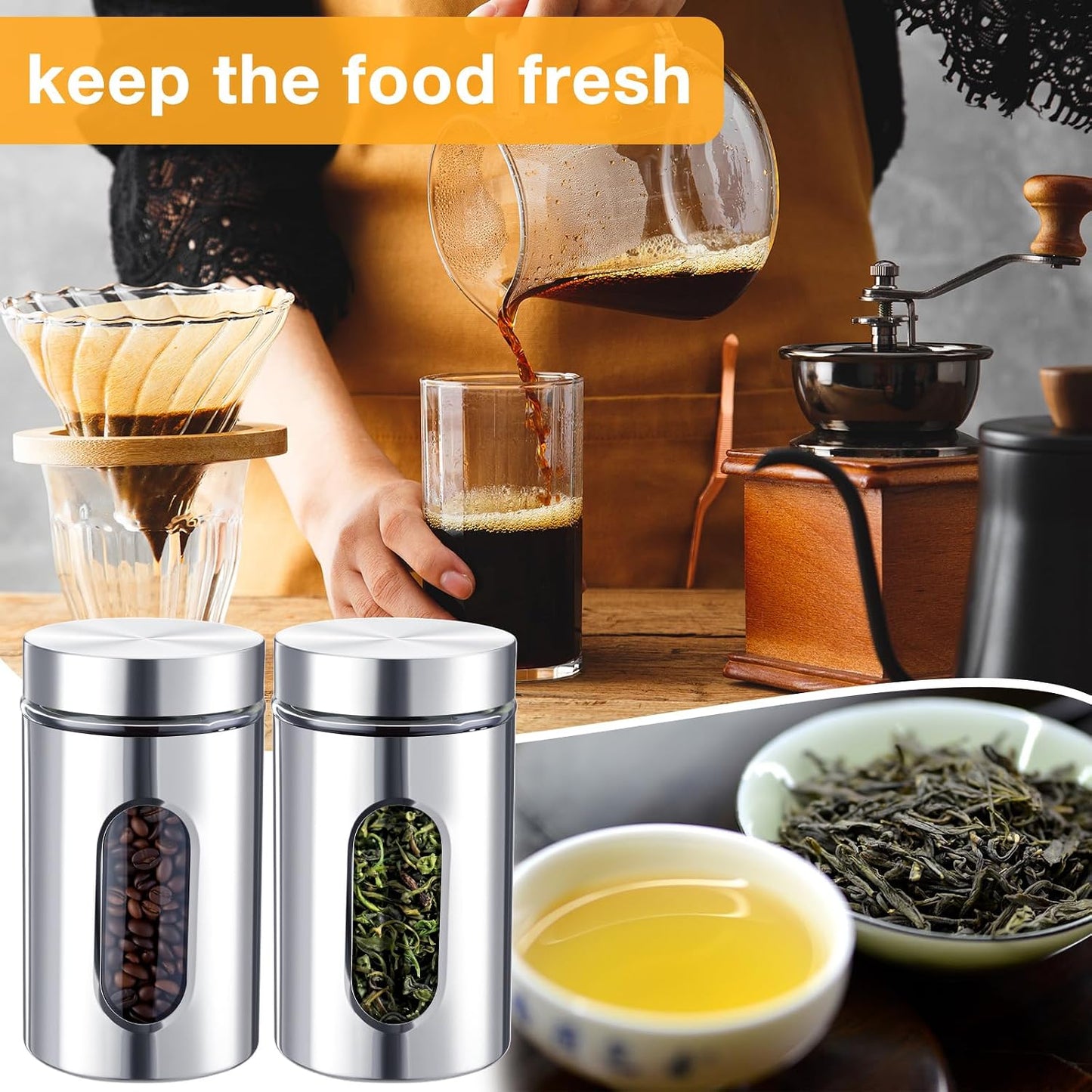 Mimorou 6 Pack 32 oz Airtight Stainless Steel Kitchen Canisters, Silver | Set Window Canister Jars, Coffee Tea Sugar, Quick Refill Check, Pantry Organization, Countertop Storage, Spice and Candy Jars
