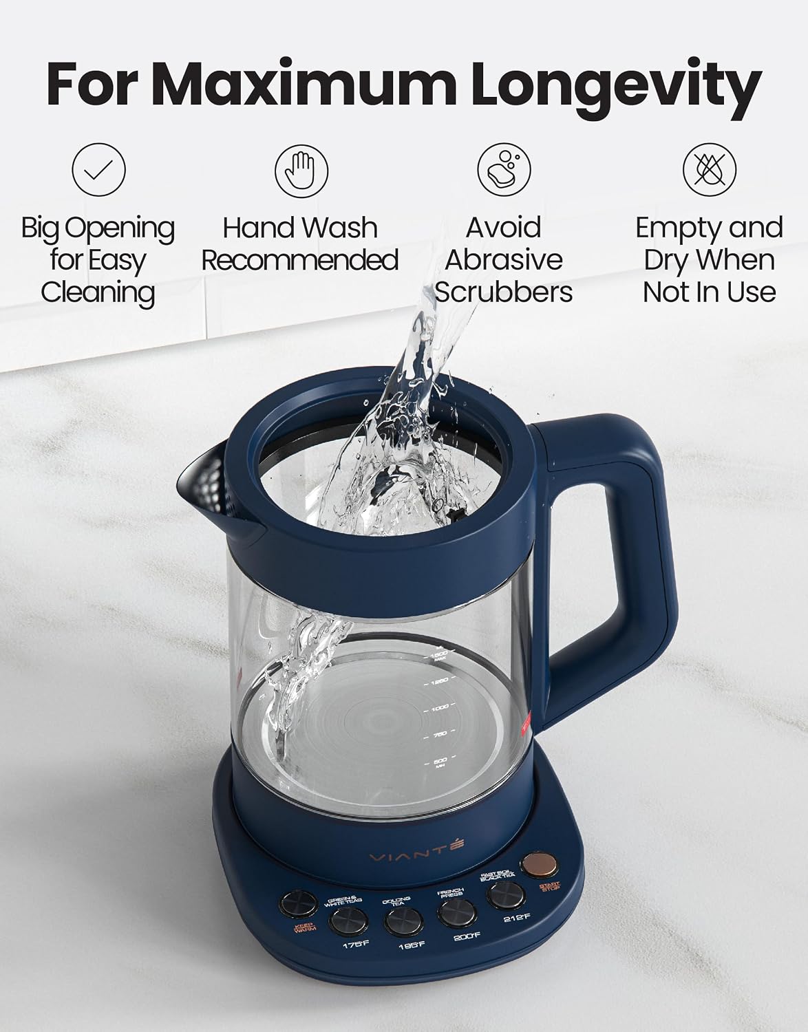 Viante Alba Electric Tea Kettle, Infuser, No Plastic, 1.5L, Midnight Blue | Borosilicate glass &amp; 304 stainless steel construction. 4 temp presets, keep-warm, cordless, auto shut-off
