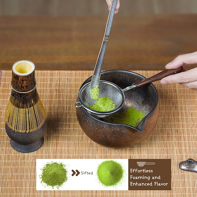 7-Piece Matcha Set with Ceramic Matcha Bowl, Bamboo Whisk (Chasen) & Holder, Sifter, Tea Scoop & Rest, Special Bamboo Tea Mat - Perfect Matcha Kit for Matcha Lovers & Gift Giving, Gilded