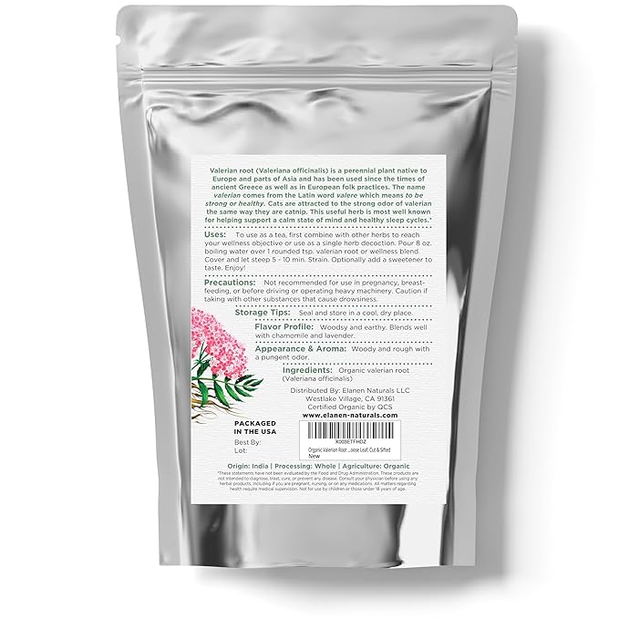 Elanen Naturals Organic Valerian Root 4 oz. (113g), USDA Certified Organic Valerian Root Herb Tea, Te De Valeriana Para Dormir, Valarian Officinalis Whole Loose Leaf, Cut & Sifted