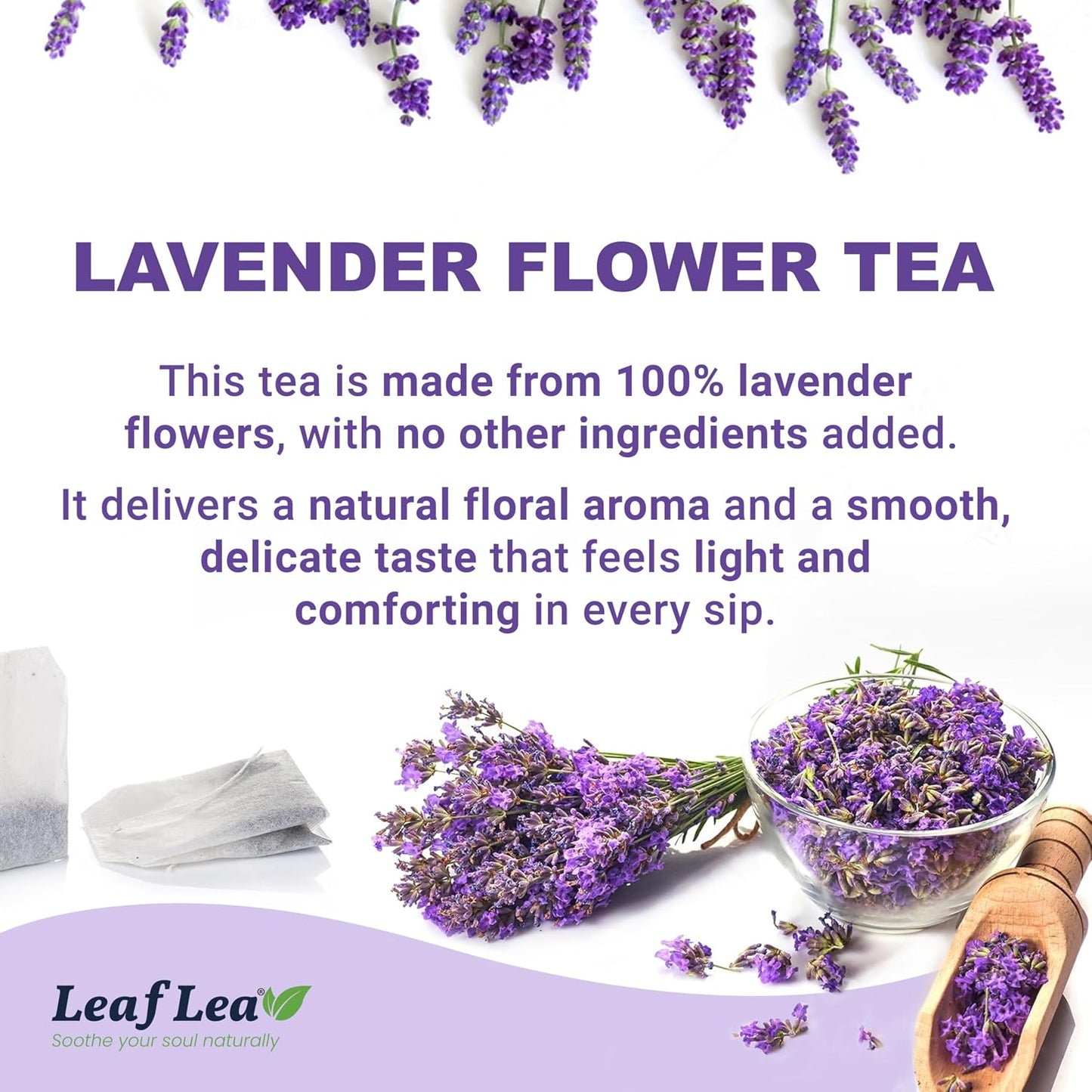 LeafLea Lavender Tea Bags, Calming Lavender Herbal Tea, 80 Count Pack of 2 | Soothing Pure Lavender, Nothing Added, Gentle Floral Taste, Caffeine-Free, Foil-Wrapped For Lasting Freshness