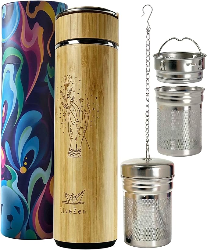 18oz Insulated Bamboo Tea Infuser Bottle for Loose Leaf Tea - Extra Fine Mesh Tea Steeper Basket Infuser with Chain Hook for Teapot Mug Cup