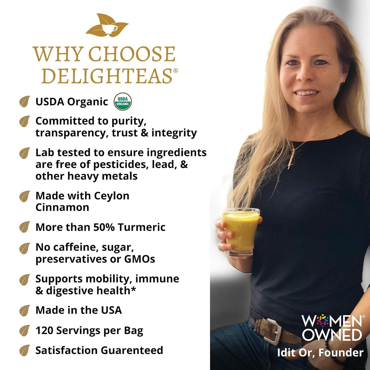 DelighTeas Organic Golden Milk Powder with Turmeric, Ginger, Ceylon Cinnamon | Ayurvedic Spices for Golden Turmeric Latte | Unsweetened, Vegan, Non-GMO, Keto | 120 Servings, 5 oz.