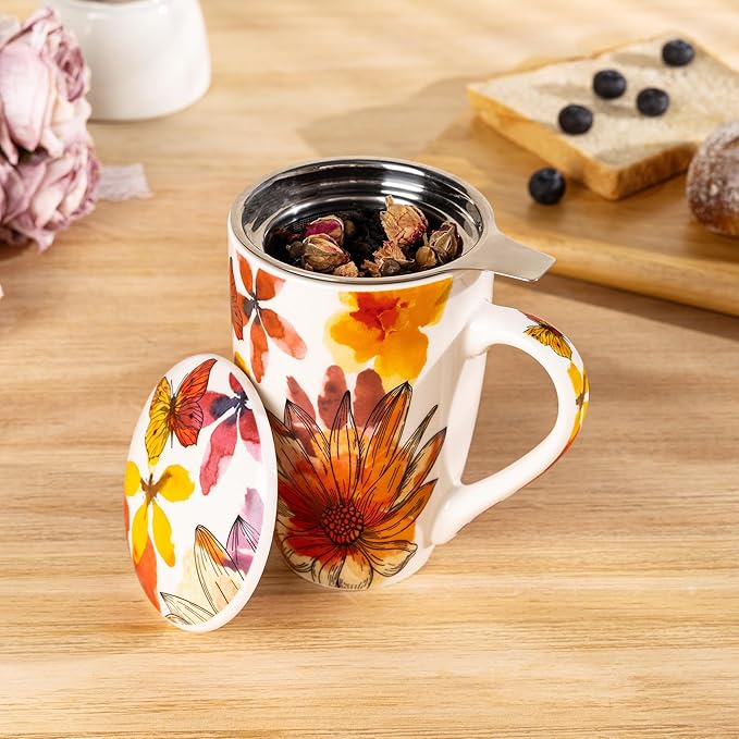 Gbhome Tea Mug with Infuser and Lid, 18 Ounce Large Ceramic Loose Leaf Cup, Microwave, Dishwasher Safe, Perfect for Tea Lovers