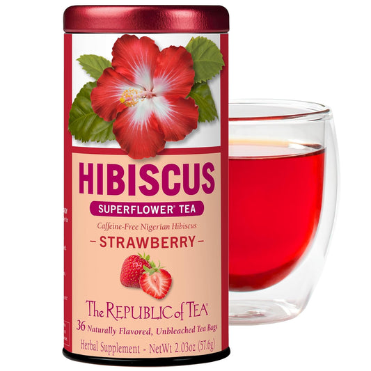 The Republic of Tea SuperFlower Hibiscus Strawberry Herbal Tea, 36 Count | Caffeine Free. Suitable for day or evening sipping. Bright and tart with notes of soft vanilla. Gluten Free and Carb Free.