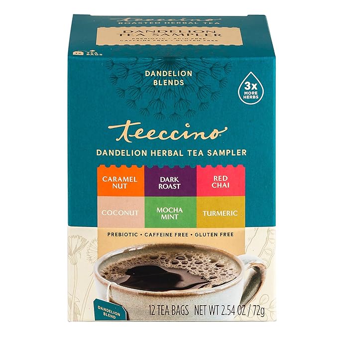 Teeccino Dandelion Tea Sampler - Caramel Nut, Coconut, Dark Roast, Mocha Mint, Red Chai, Turmeric - Roasted Herbal Tea