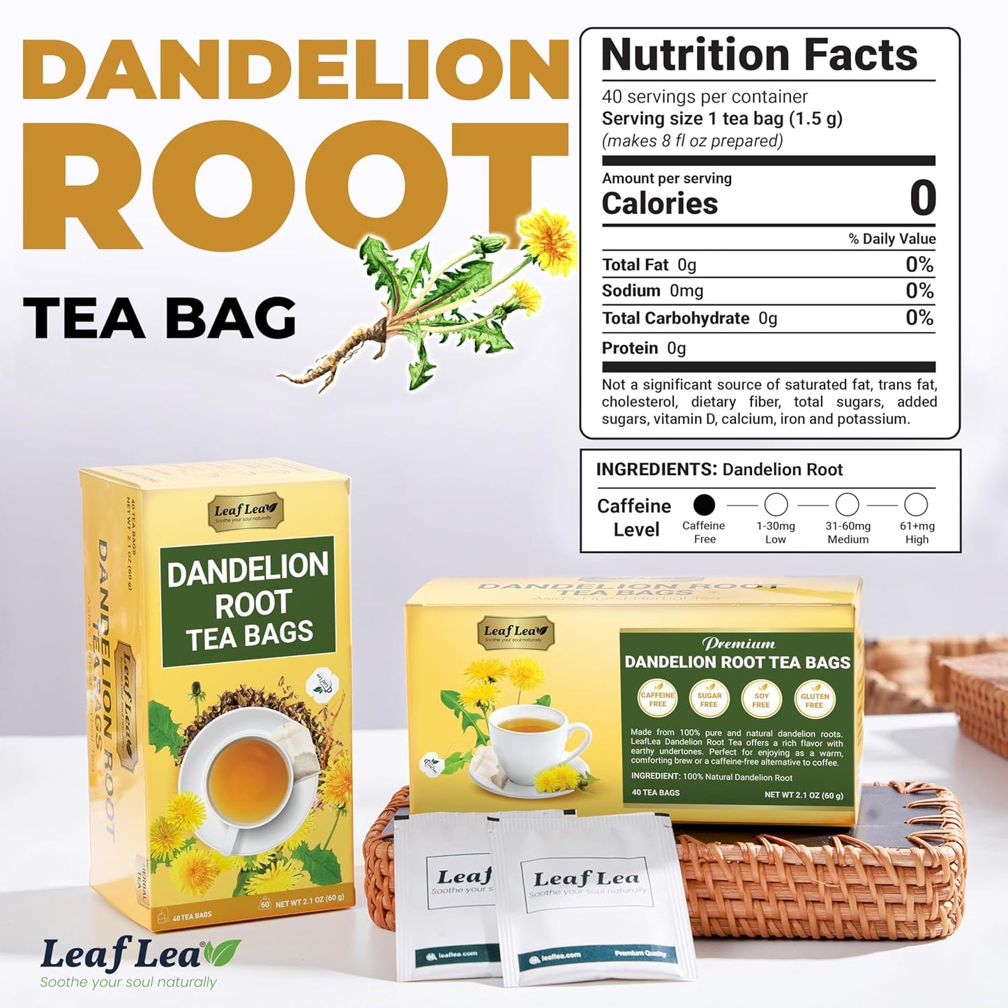 LeafLea Dandelion Root Tea Bags, 160 Dandelion Tea Bags, Natural Dried Dandelion Root, Caffeine-Free, Vegan, Gluten-Free, No Sugar, Sealed for Fresh Flavor, 4 Pack