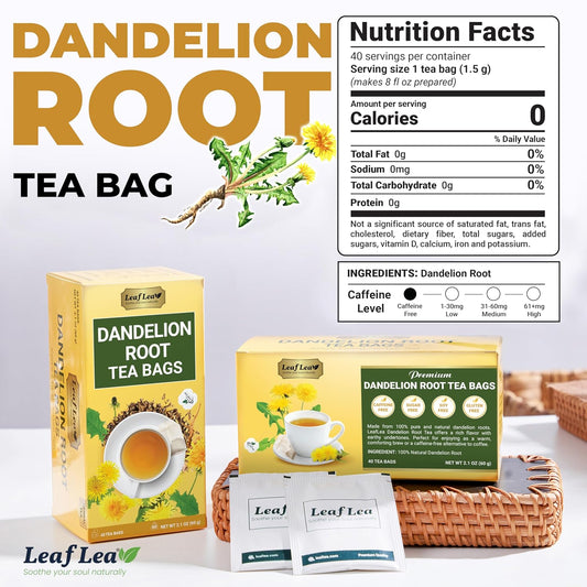 LeafLea Dandelion Root Tea Bags, 160 Dandelion Tea Bags, Natural Dried Dandelion Root, Caffeine-Free, Vegan, Gluten-Free, No Sugar, Sealed for Fresh Flavor, 4 Pack