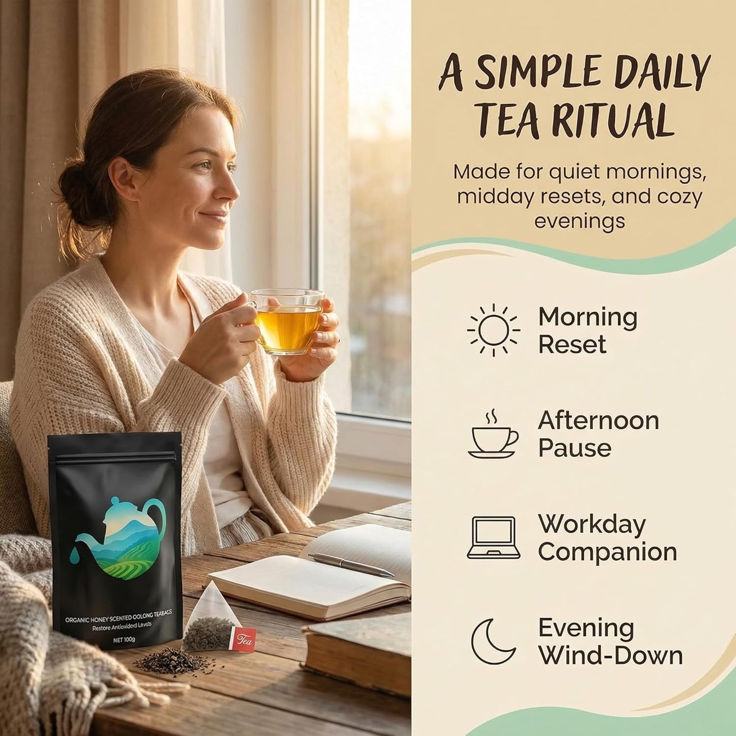 Oolong Tea Bags – Organic Whole Leaf Oolong – 20 Bags (5g Each) – Natural Relaxing Tea for Calm Mind & Healthy Lifestyle – Premium Organic Oolong Tea (1)