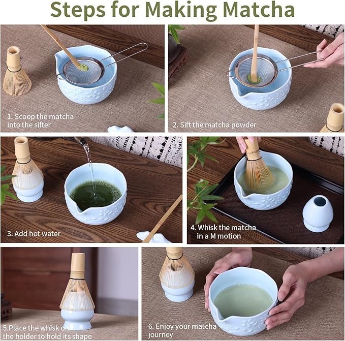 Japanese Matcha Whisk Set - Matcha Making Kit with Ceramic Bowl Bamboo Whisk (Chasen) Sifter & Holder Blue