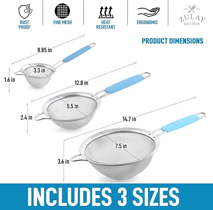 Zulay Kitchen Premium Stainless Steel Fine Mesh Strainer Set - Strainers For Kitchen (Set of 3) With Non-Slip Handles - Includes A Small, Medium & Large Fine Mesh Sieve Set - Durable Metal Strainer