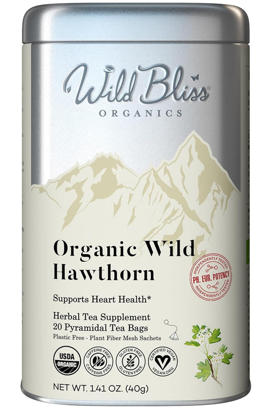 Wild Bliss Organic Wild Hawthorn Leaf & Flower - Caffeine Free Herbal Tea - Heart Health Support - 20 Plant Based Tea Bags