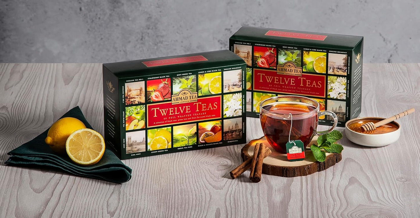 Ahmad Tea Variety Gift Box, 60 Foil Enveloped Teabags, Twelve Teas, 1 Count