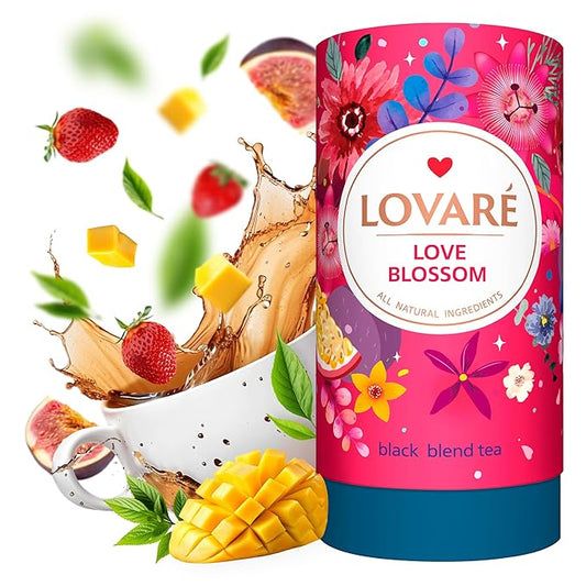 LOVARE Love Blossom Loose Leaf Tea 80 g - Black tea blend, Made in Ukraine - Dry Fig, Mango, and Strawberry Pieces, Safflower Petals, Passion Fruit & Mango Flavors - Tea Lovers Gift Box with 15 Paper Filters
