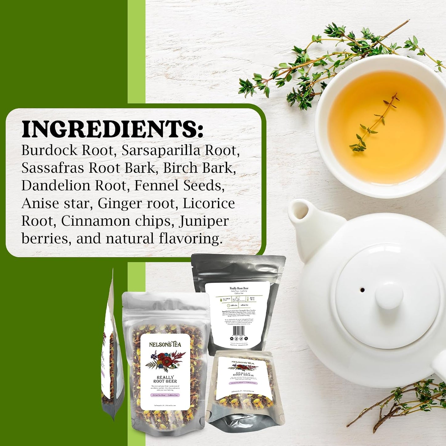 Nelson's Tea Really Root Beer Sarsaparilla Loose Leaf Tea, Sample, 0.5 oz | Herbal Burdock Birch Bark Dandelion Licorice Ginger • Caffeine Free • Tea • Sarsaparilla Root Tea • Really Root Beer