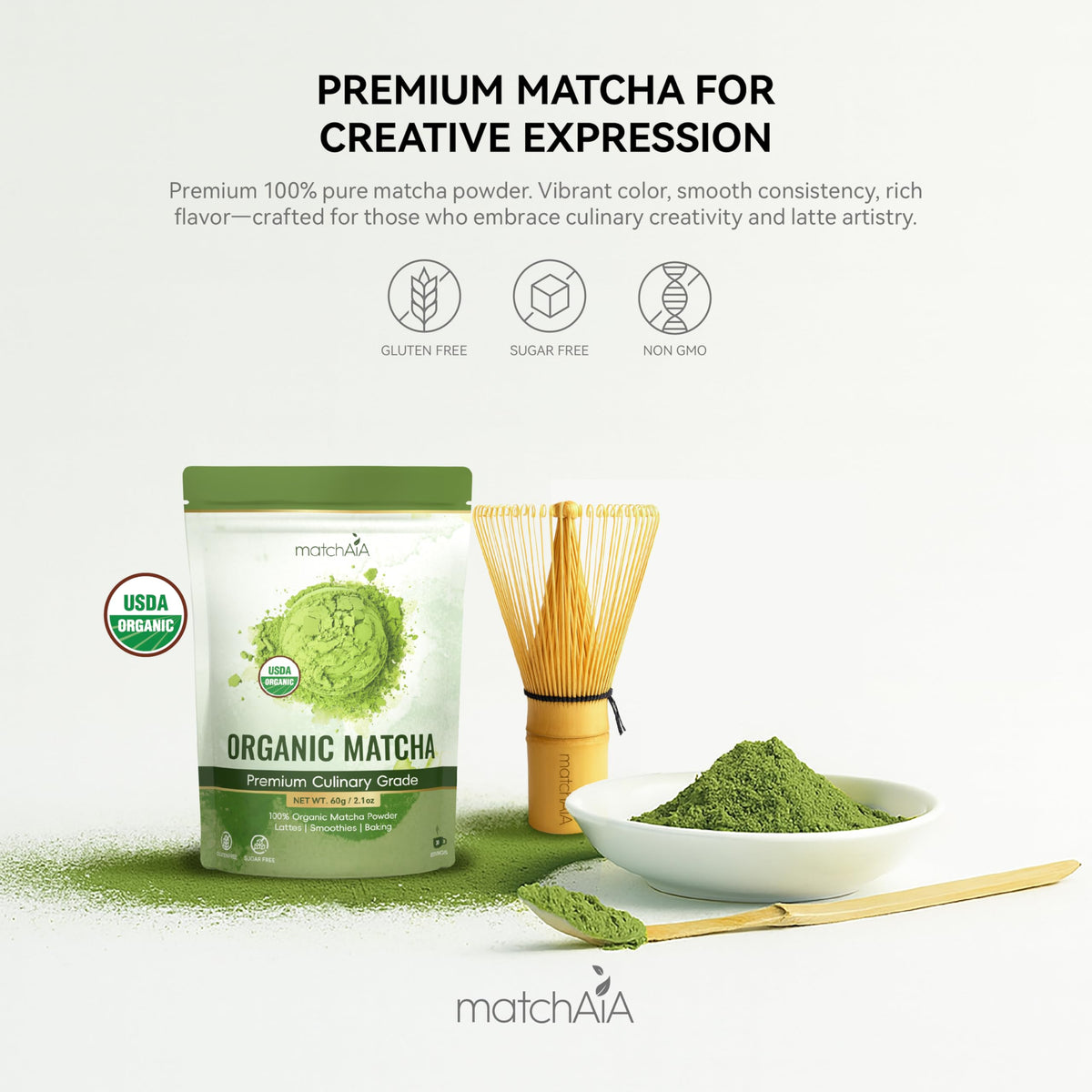 MatchAiA Organic Matcha Powder, Premium Culinary Grade, 60g/2.1oz Pouch