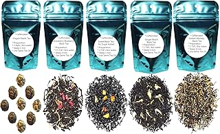 5 Black Tea Samplers, Caffeinated, Sweet Black Tea (No Sugar Added), Dragon Pearls Tea, Golden Monkey Tea, Ginger Peach Tea, Strawberry Blueberry Tea, Loose Leaf Tea