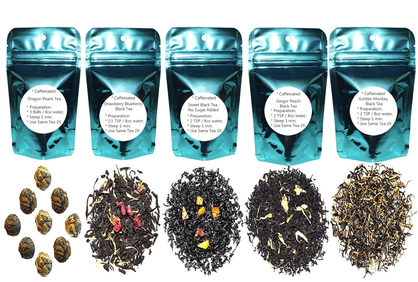 5 Black Tea Samplers, Caffeinated, Sweet Black Tea (No Sugar Added), Dragon Pearls Tea, Golden Monkey Tea, Ginger Peach Tea, Strawberry Blueberry Tea, Loose Leaf Tea
