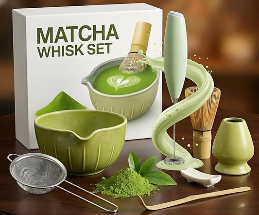 Matcha Whisk Set with Matcha Bowl - Matcha Set Included Electric Frother, Bamboo Whisk, Matcha Spoon, Bamboo Holder, Sifter, Spoon Stand (Mottled Green)
