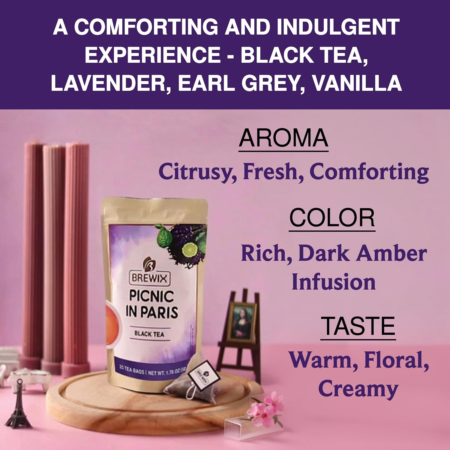 BREWIX, Earl Grey with Lavender Tea, Picnic in Paris Black Tea (25 Pyramid Tea Bags) | Black Tea with Bergamot, Lavender and Vanilla Notes | Gourmet Tea