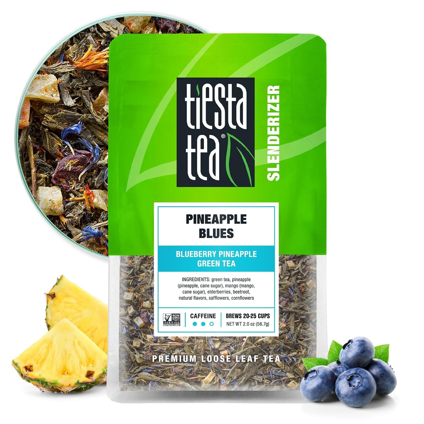 Tiesta Tea - Pineapple Blues, Loose Leaf, Blueberry Pineapple Green Tea | Premium Tropical Blend, Medium Caffeinated Green, Make Hot or Iced, Brews Up to 25 Cups, 2 Ounce Resealable Pouch