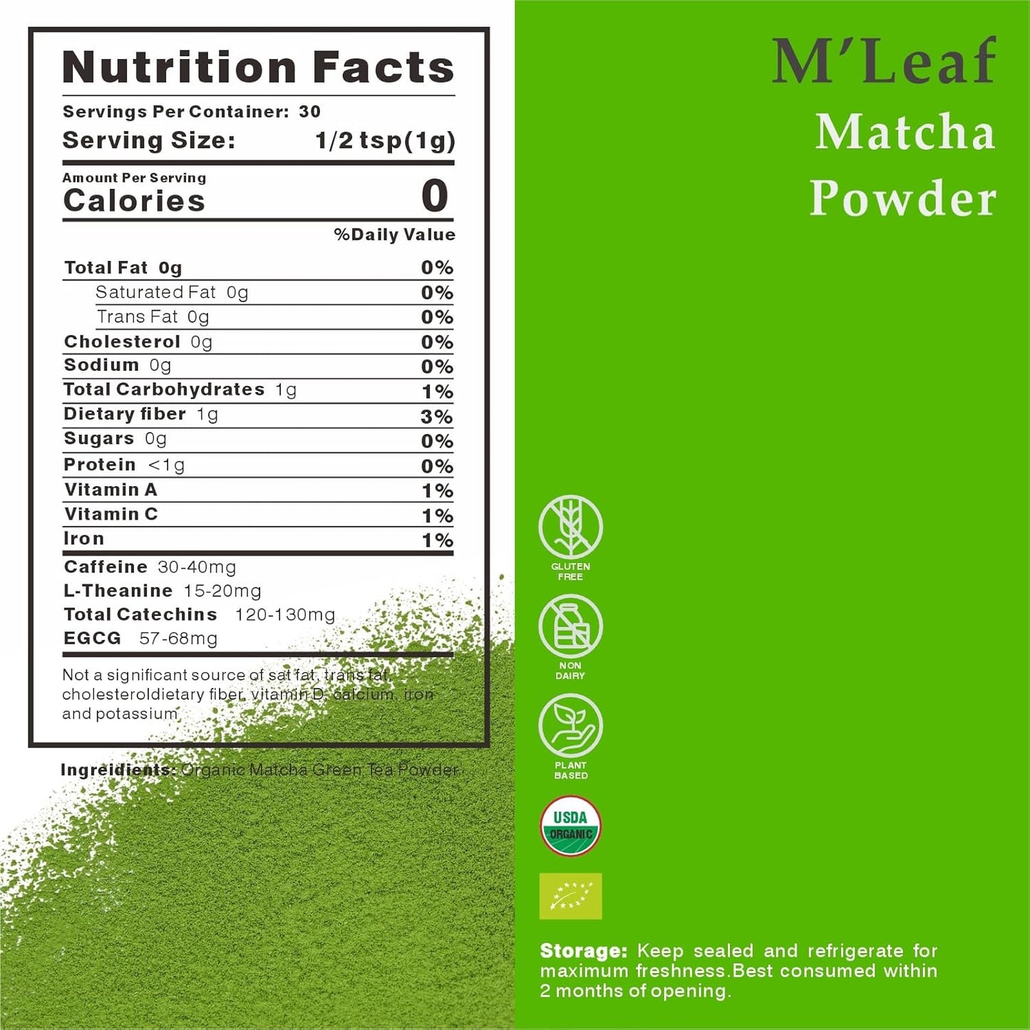 M'leaf Matcha Powder-Organic,Ceremonial Grade,Authentic 1st Harvest,Unsweetened,USDA,No Additives,Air-tight Tin，low-caffeine(1.06oz/30g)