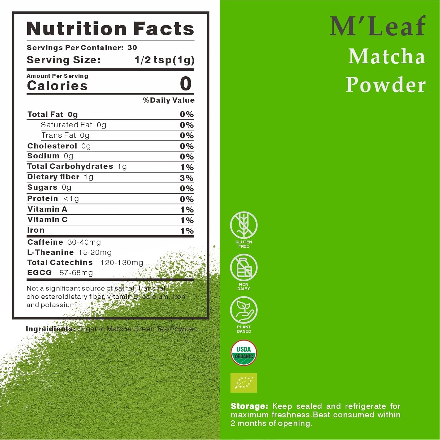 M'leaf Matcha Powder-Organic,Ceremonial Grade,Authentic 1st Harvest,Unsweetened,USDA,No Additives,Air-tight Tin，low-caffeine(1.06oz/30g)