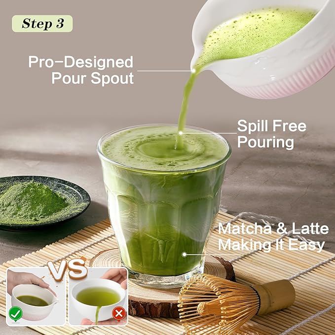 Matcha Whisk Set, 7 Pcs Ceramic Matcha Set, Includes Matcha Bowl, Matcha Whisk, Chasen Holder, Bamboo Scoop, Scoop Rest, Stainless Sifter, Tea Towel