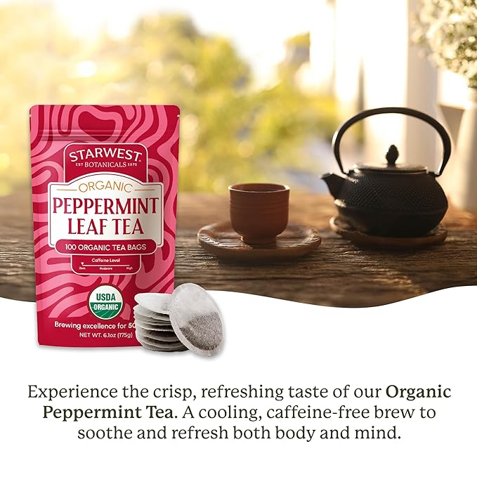 Starwest Botanicals Organic Peppermint Leaf Tea - Caffeine Free Herbal Tea, Supports Digestion, USDA Organic Peppermint Leaf, String Free Sachets