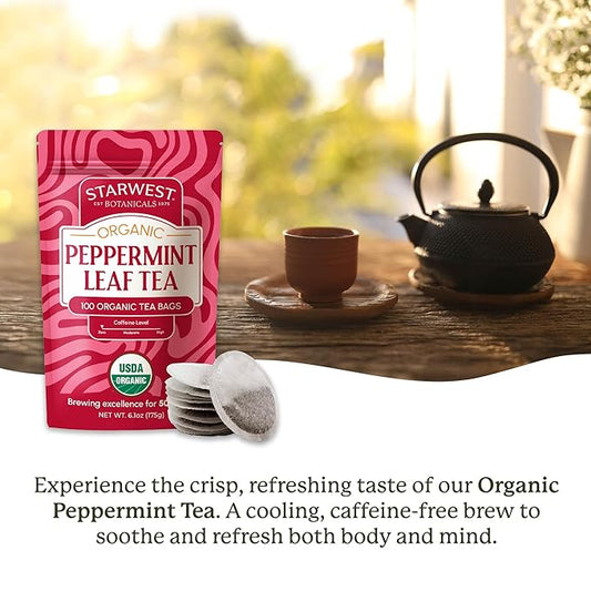 Starwest Botanicals Organic Peppermint Leaf Tea - Caffeine Free Herbal Tea, Supports Digestion, USDA Organic Peppermint Leaf, String Free Sachets