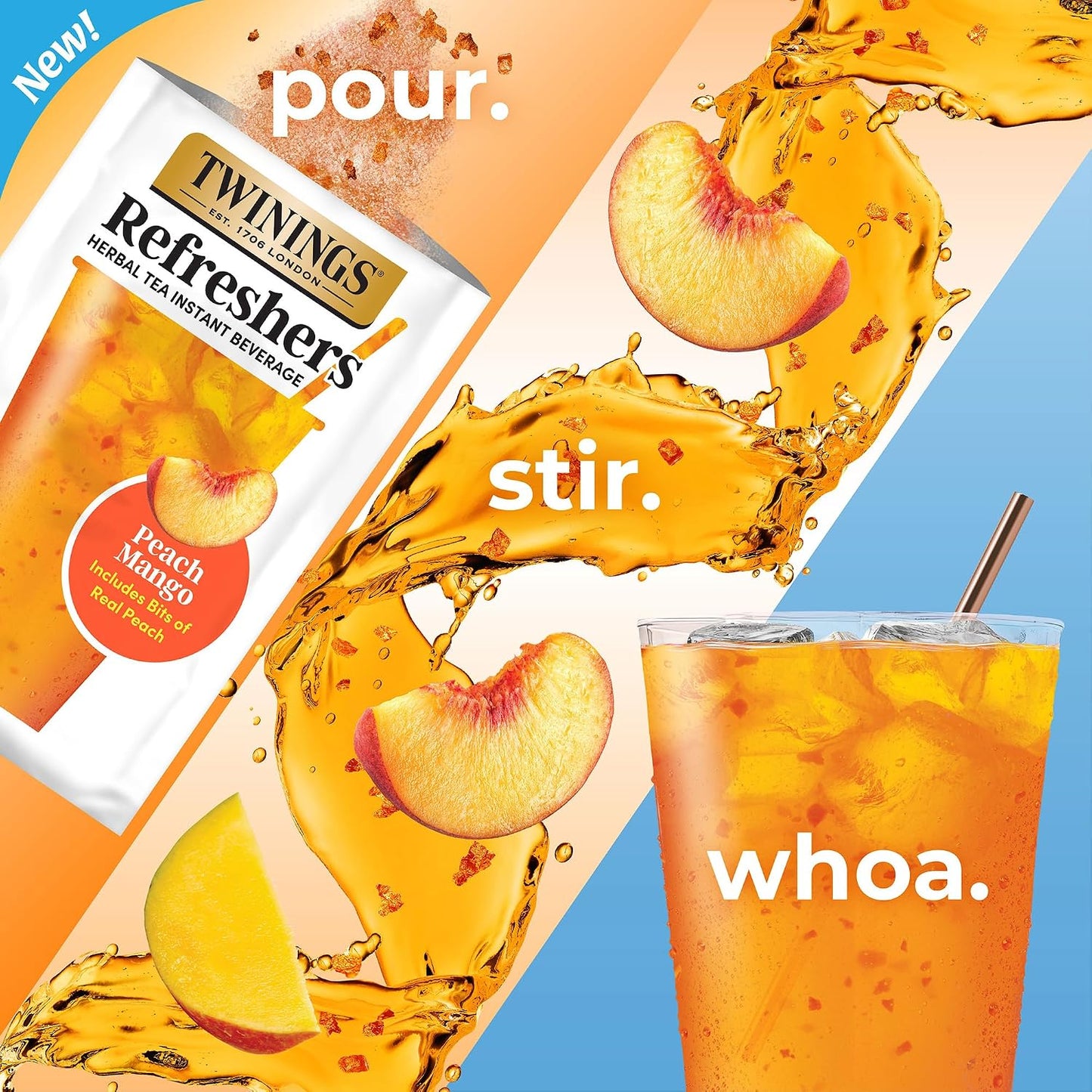 Twinings Peach Mango Refreshers, Herbal Tea Instant Beverage with Real Peach Fruit Bits, 5 Count (Pack of 6), Café Style, No Artificial Sweeteners, Naturally Caffeine-Free Refreshment, 30 Packets | Café Style, Instant Beverage with Real Peach Bits, No Art