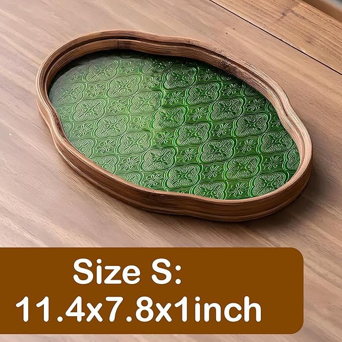 IwaiLoft Glass Serving Tray with The Crabapple Pattern Glass and Walnut for Kitchen Countertop Home Decor for Coffee Table, Also Suitable for Tea Coffee Decorative Trays (Green,11.4" x 7.8" x 1")