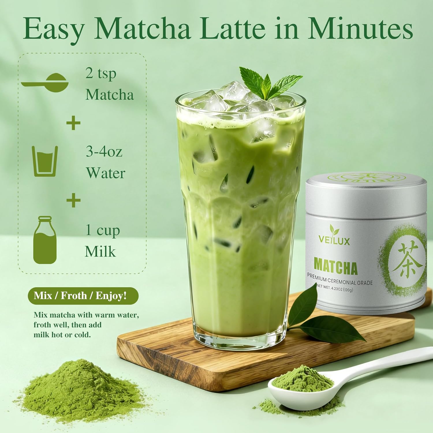 VEILUX Ceremonial Grade Matcha Green Tea Powder-100% Pure Unsweetened No Additives - First Harvest Quality for Authentic Flavor, Vibrant Green & Smooth Umami Taste, 4.23oz Tin