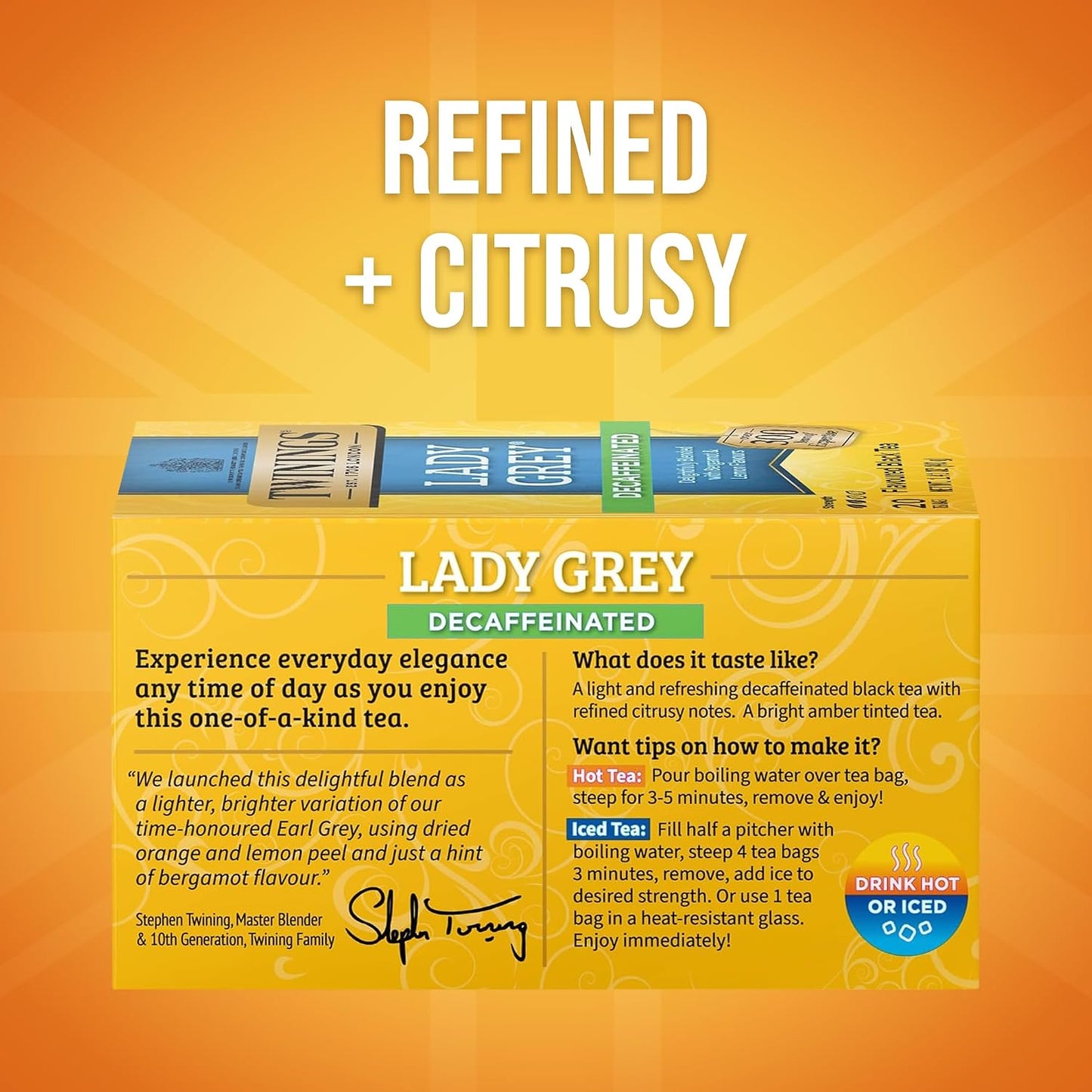 Twinings Decaffeinated Lady Grey Black Citrus Tea Bags, 20 CT Box (6 Pack) | Decaf Blk Tea, a Hint of Bergamot, Orange &amp; Lemon Peel, Citrusy, 120 Foil Lined Individually Wrapped Bags, Hot or Iced