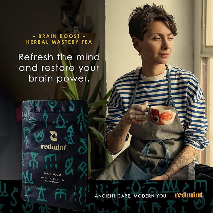 Redmint Herbal Tea Mastery - Brain Boost, Five Treasures Tea for Focus and Energy, Natural Ginseng and Mulberry Herbal Tea with Goji Berry