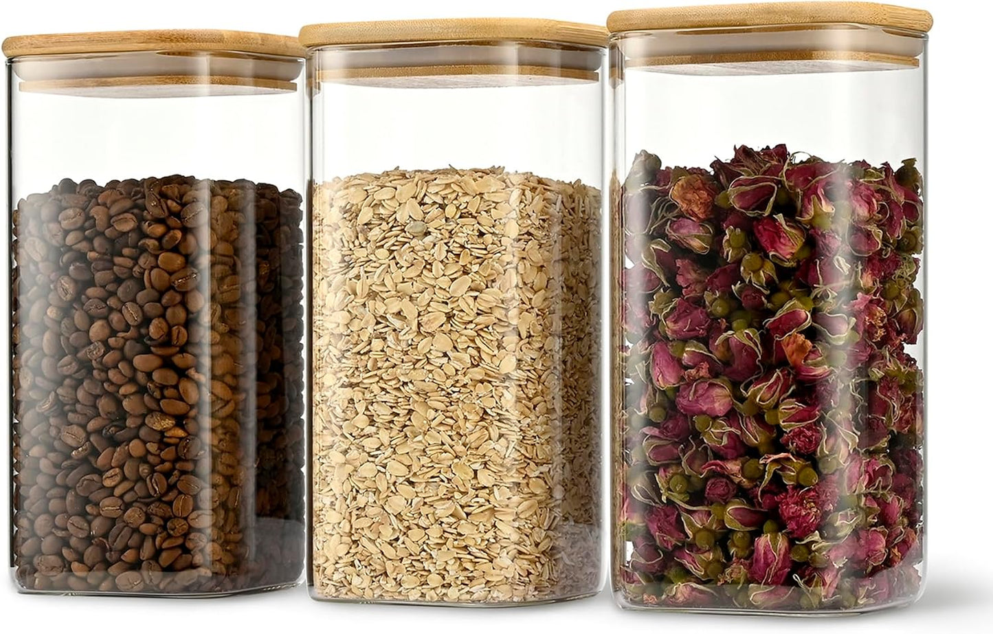 D2scrma 50oz Airtight Glass Square Storage Canister with Bamboo Lid Set of 3 (1500ml) Container Stackable Spice Jar, Kitchen Canister for Flour, Cookies, Cereal and Coffee beans (‎with Black Lable)