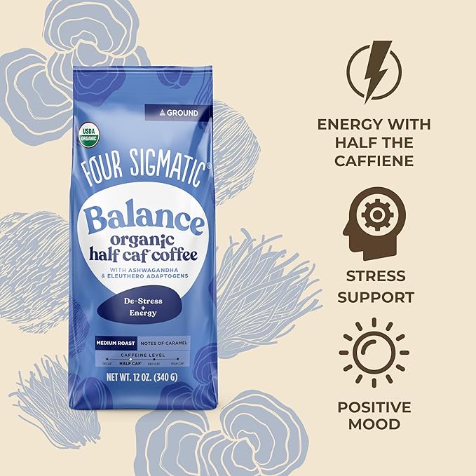 Four Sigmatic Organic Balance Adaptogen Ground Coffee, Medium Roast USDA Organic Coffee with Ashwagandha, Chaga Mushroom