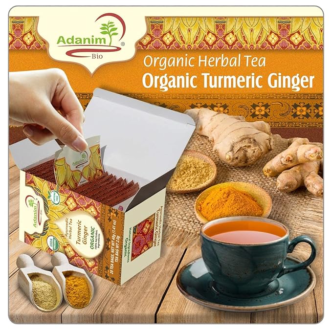 Adanim Bio Ginger Turmeric Tea, Value Pack 80 Teabags, Caffeine-free Organic Blend of Soothing and Flavorful Herbal Infusion for Overall Well-being