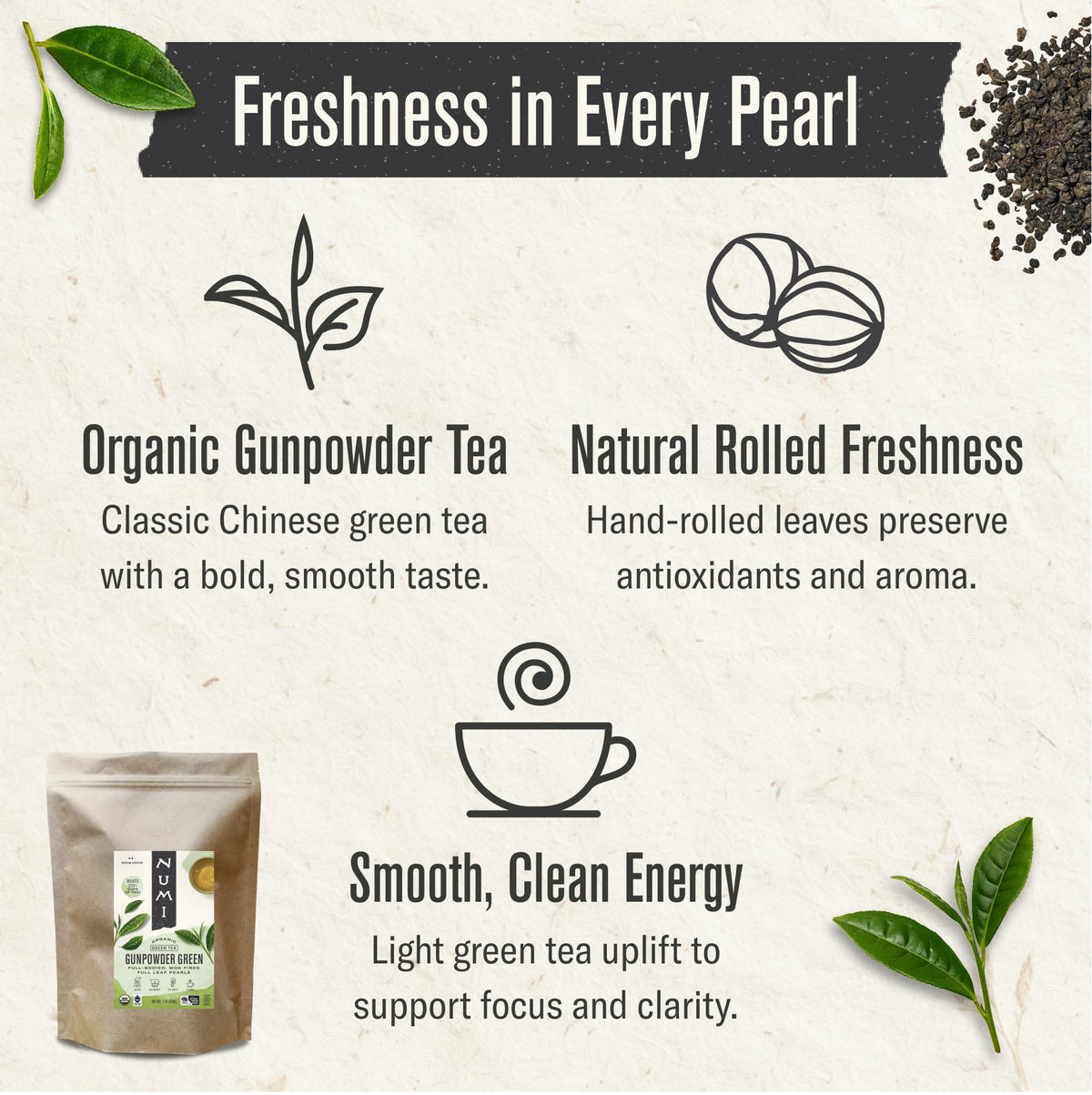 Numi Gunpowder Loose Leaf Green Tea - Organic Tea Leaves - 16 Ounces - Brews 200 Cups - Medium Caffeine Green Tea