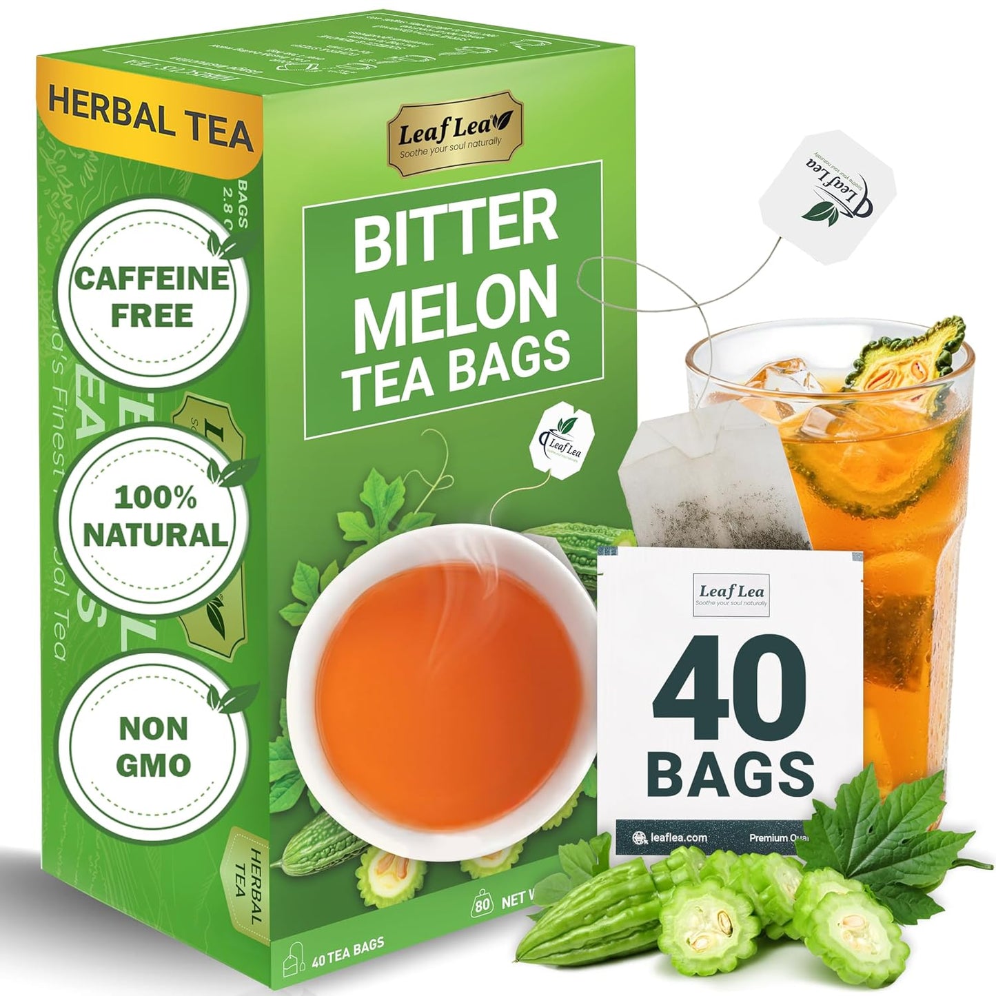 LeafLea Bitter Melon Tea Bags, Wellness &amp; Digestion Support, 40 Count