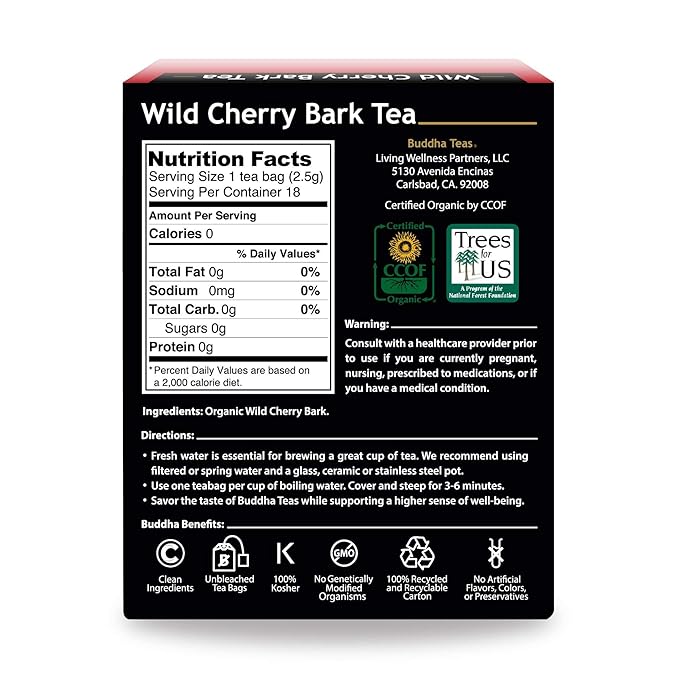 Buddha Teas Organic Wild Cherry Bark Tea - OU Kosher, USDA Organic, Ccof, 18 Bleach-Free Tea Bags