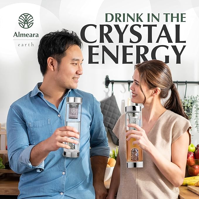 Almeara Crystal Water Bottle with Authentic Moss Agate, Opal Stones & Smoky Quartz Removable Gemstones, Loose Leaf Tea Infuser - Relaxation