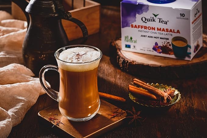 QuikTea Saffron Masala Chai Tea Latte – 10 Count, Bold Saffron Masala Flavor, no preservatives – Just Add Hot Water