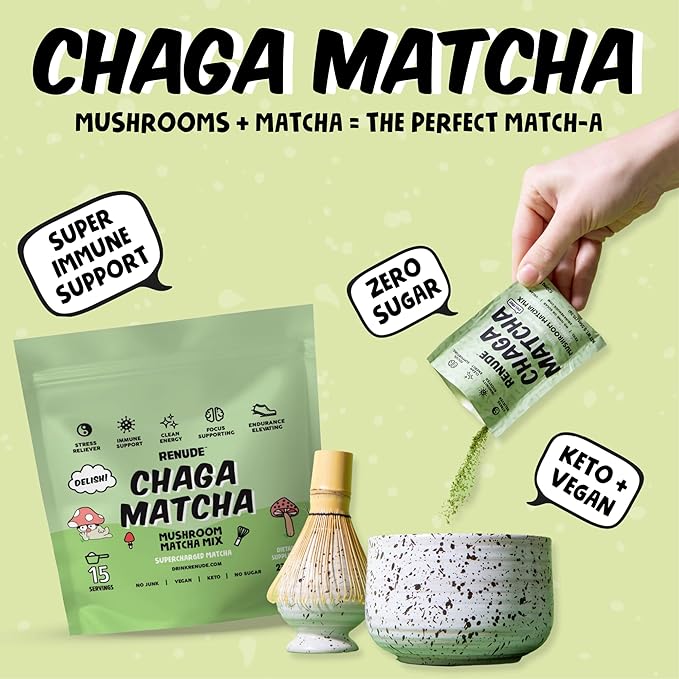 Renude Chaga Matcha - Chaga Mushroom Powder, Superfood Drink Mix with Adaptogens, Ceremonial Grade Mushroom Matcha, Keto, Vegan, Sugar Free, Natural Energy & Immune Support - 15 Servings per Bag
