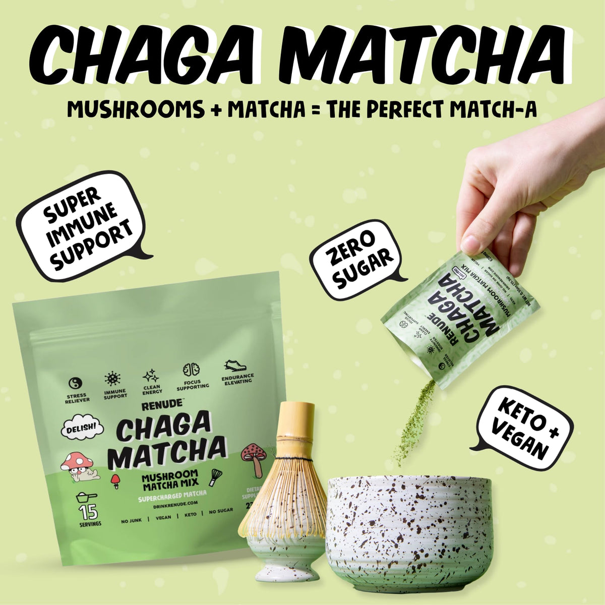 Renude Chaga Matcha - Ceremonial Grade Matcha Mushroom Powder, 30 Servings
