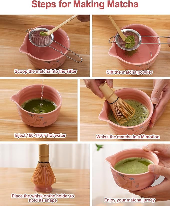 Matcha Set - Japanese Matcha Kit Set 7-Pcs: Ceramic Bowl (Chawan), Matcha Whisk and Holder, Bamboo Scoop, Scoop Rest, Sifter and Towel