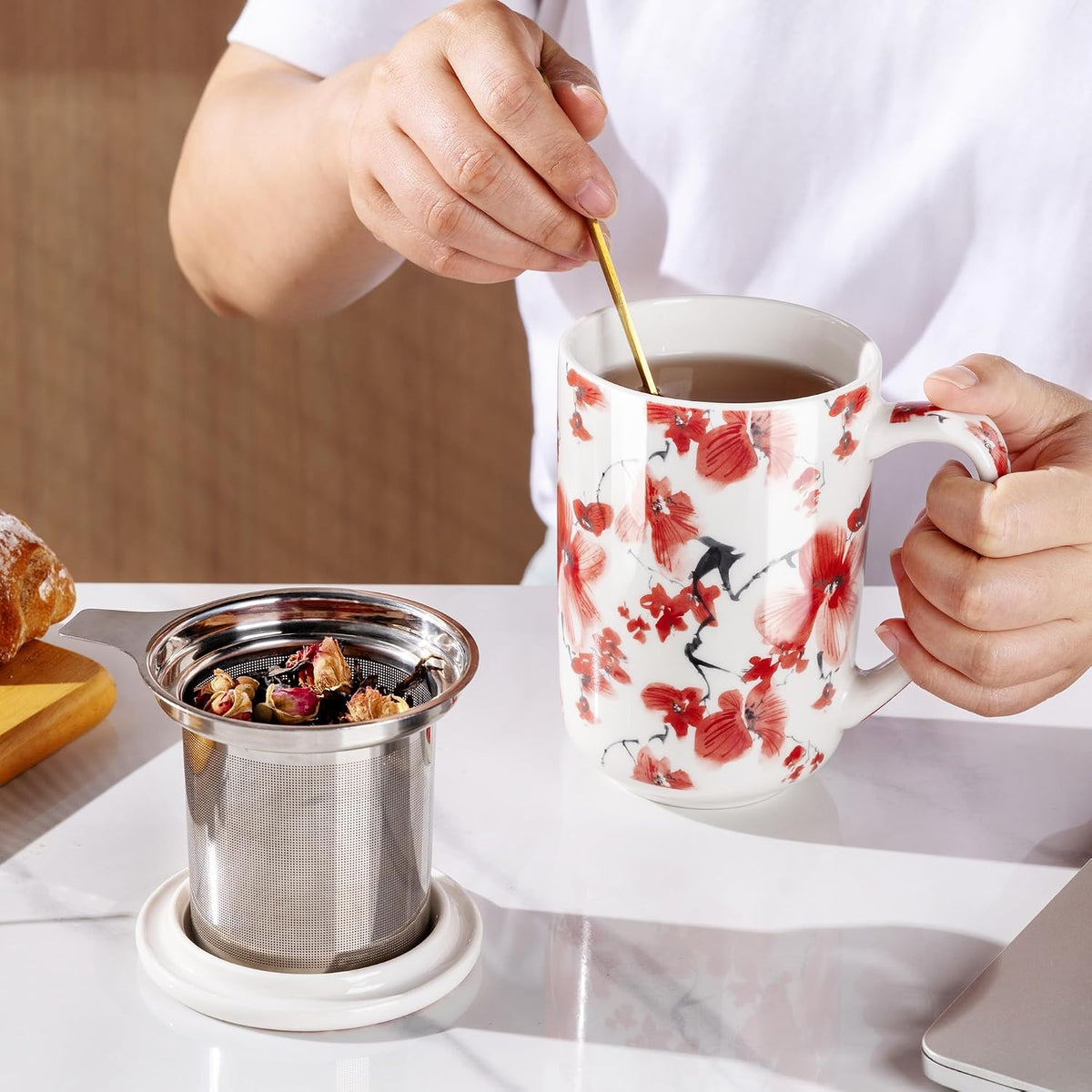 AmorArc Tea Cup With Infuser and Lid, 18oz Loose Leaf Tea Mug With Steeper