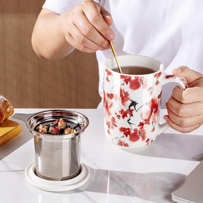 AmorArc Porcelain Tea Mug with Infuser and Lids, 18 Oz Coffee Cup Strainer with Bag Holder for Loose Leaf Tea