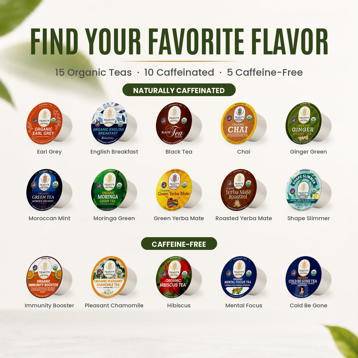 Teavity Organic Tea Pods Variety Pack, 15 Flavors, K-Cup Compatible